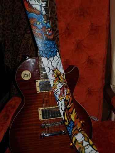 Hand painted Asian leather dragon and tiger guitar strap