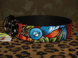 Tattoo Sparrow Cherry Black leather Collar X-LARGE Wide