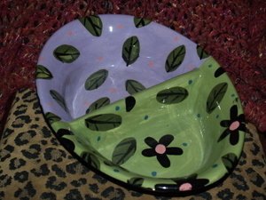 Divided Ceramic Dog Bowl ALL in ONE Flowers and Leaves