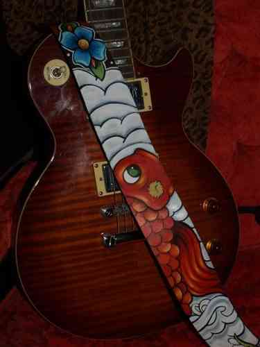 Hand painted leather koi asian guitar strap