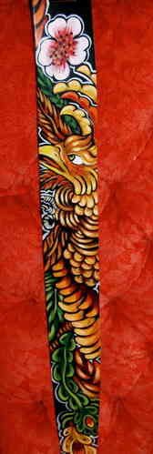 Hand painted leather phoenix tattoo guitar strap