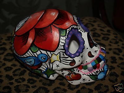 Hand painted Day of the Dead skull sculpture sparrows tattoo dagger rose theme