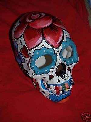 Hand painted Day of the Dead skull sculpture sparrows tattoo rose theme