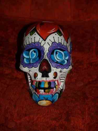 Hand painted Day of the Dead skull sculpture sparrows tattoo dagger rose theme